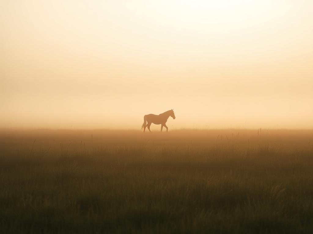 Neblige Wiese mit Pferd im Morgenlicht als Bildwelt der La-Loba-Website