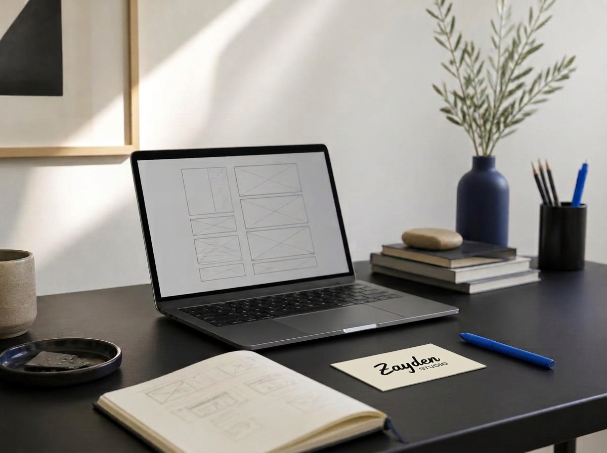 Ruhiger Arbeitsplatz mit Laptop, Skizzenbuch und Notizen